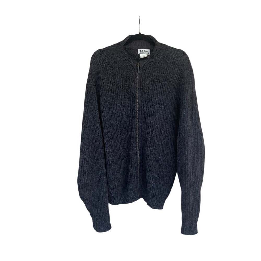 LL Bean Cardigan Sweater Mens Large Wool Alpaca Full Zip Ribbed Dark Gray USA